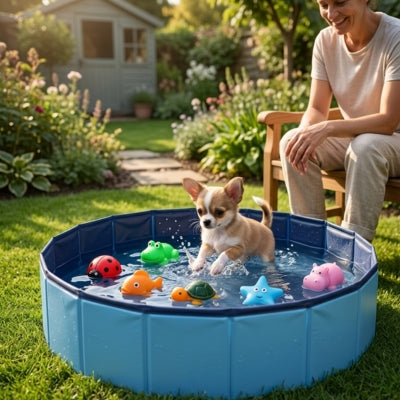 Chiot Chihuahua sautant dans une piscine pour chien bleue avec des jouets flottants.