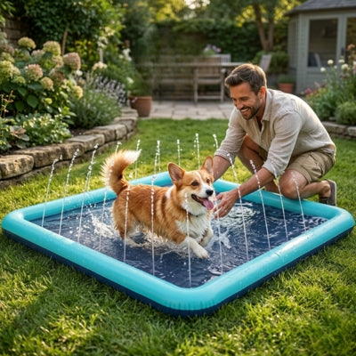Chien Corgi joyeux dans une piscine pour chien à jet d'eau, accompagné d'un homme qui sourit.