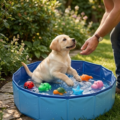 Chiot Golden Retriever s'amusant dans l'eau d'une piscine pour chien pliable.