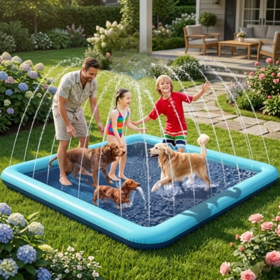 Teckel et Golden Retriever s'amusent avec une famille dans une grande piscine pour chien.
