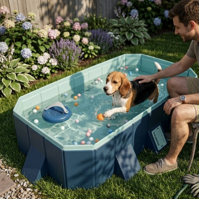 Homme caressant un Beagle qui s'amuse avec une balle dans une piscine pour chien xxl bleue.