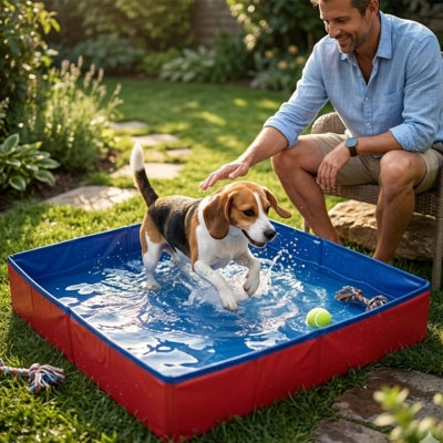 Un Beagle joue avec une balle dans une piscine pour chien xxl rouge et bleue avec son maître.