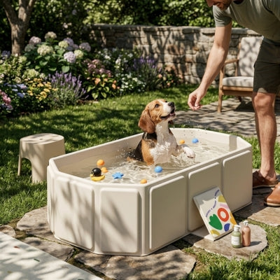 Chien Beagle debout dans une piscine pour chien xxl beige recevant une friandise d'un homme.