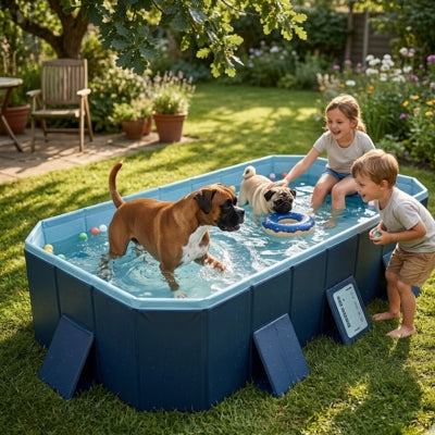 Chien Boxer et Carlin jouant avec deux enfants dans une grande piscine pour chien xxl.