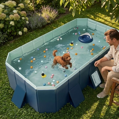 Caniche abricot dans une piscine pour chien xxl surveillé par un homme assis dans un jardin.