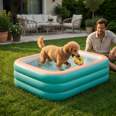 Caniche portant un jouet donut dans une piscine pour chien xxl avec un homme sur l'herbe.