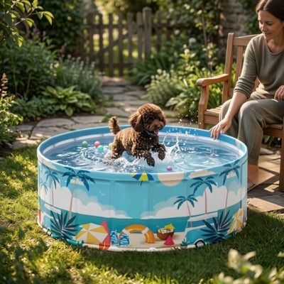 Caniche nain marron sautant dans l'eau d'une piscine pour chien xxl devant une femme assise.