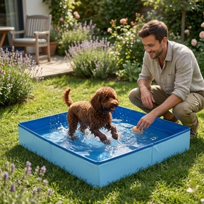 Caniche marron s'amusant dans l'eau d'une piscine pour chien xxl bleue claire dans un jardin.
