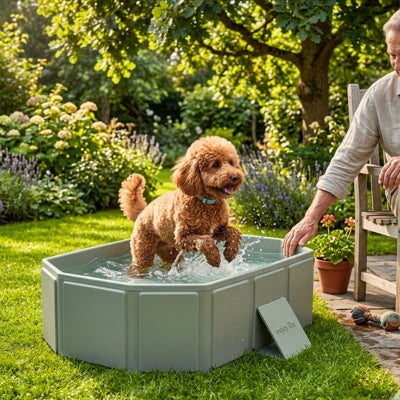 Caniche marron sautant dans une piscine pour chien xxl verte avec l'inscription enjoy life.
