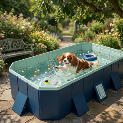 Cavalier King Charles sautant dans l'eau d'une piscine pour chien xxl sur une terrasse en pierre.