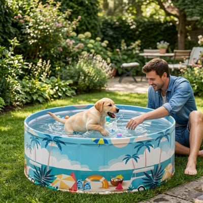 Chiot Labrador blond jouant avec son maître dans une piscine pour chien xxl sur l'herbe.