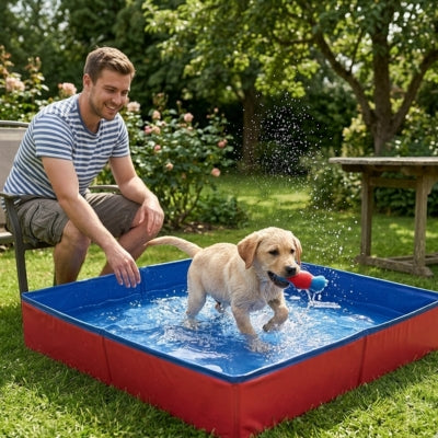 Chiot Labrador jouant avec un jouet bleu et rouge dans une piscine pour chien xxl de jardin.