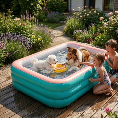 Colley et Bichon jouant dans une piscine pour chien xxl sur une terrasse avec deux enfants.