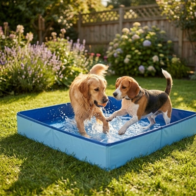 Golden Retriever et Beagle s'amusant ensemble dans une piscine pour chien xxl bleue.