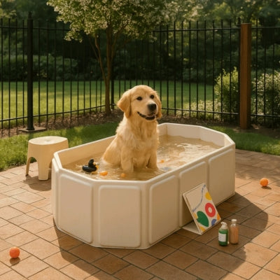 Golden Retriever assis dans une piscine pour chien xxl beige sur une terrasse pavée.