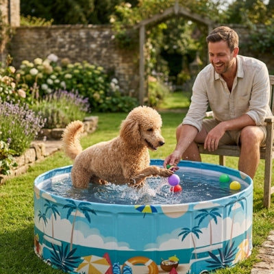 Chien Goldendoodle attrapant une balle colorée dans une piscine pour chien xxl avec son maître.