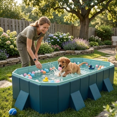 Femme souriante avec un chiot Labrador dans une piscine pour chien xxl avec balles colorées.