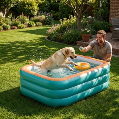 Labrador bondissant dans une piscine pour chien xxl tandis qu'un homme lance une balle.