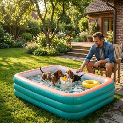 Un Teckel et un Beagle dans une piscine pour chien xxl surveillés par un homme assis.