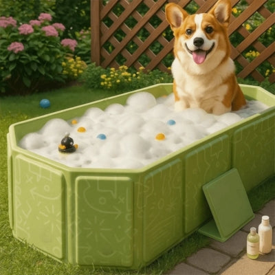 Corgi souriant dans une piscine pour chien xxl verte remplie de mousse et de jouets.