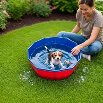 Chiot Beagle s'amusant avec un petit ballon dans une piscine pour chiens auprès d'une femme.
