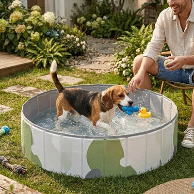 Chien Beagle tenant un jouet bleu dans une piscine pour chiens avec un canard jaune.