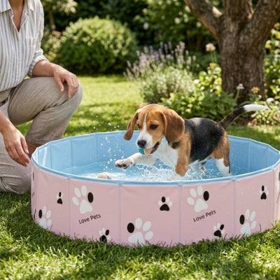 Chiot Beagle jouant avec une balle dans une piscine pour chiens rose avec l'inscription "Love Pets".