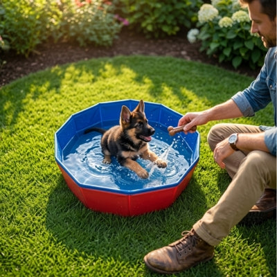 Chiot Berger Allemand dans une piscine pour chiens recevant une friandise d'un homme.
