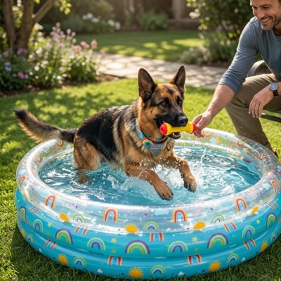 Berger Allemand avec un jouet jaune dans une piscine pour chiens à motifs arcs-en-ciel.