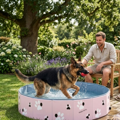 Berger Allemand avec balle rouge dans une piscine pour chiens rose marquée "Paws Pets".