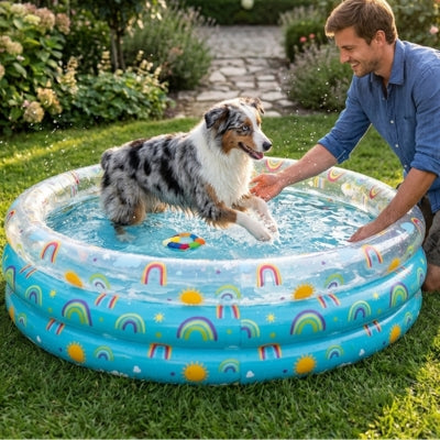 Chien Berger Australien s'amusant dans une piscine pour chiens devant un homme souriant.