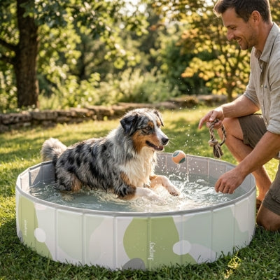Berger Australien jouant dans une piscine pour chiens arborant l'inscription Jarpey.