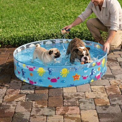 Un Bouledogue Anglais et un Carlin s'amusent ensemble dans une piscine pour chiens bleue.