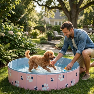 Un homme et son Caniche abricot s'amusant dans une piscine pour chiens rose et bleue.