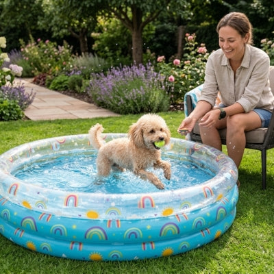Caniche abricot sautant avec une balle de tennis dans une piscine pour chiens bleue.