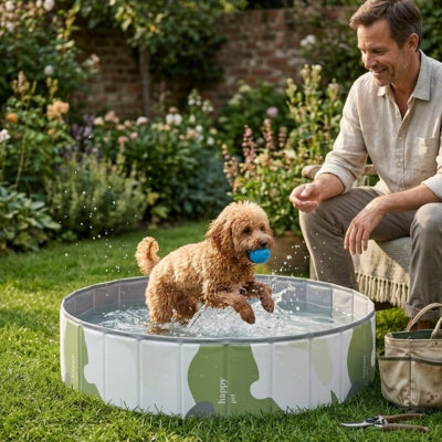 Caniche abricot sautant dans une piscine pour chiens marquée Happy pet avec une balle bleue.