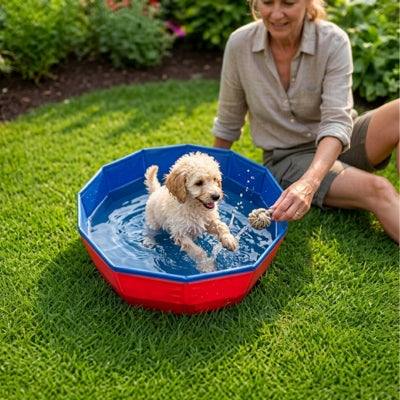 Jeune Caniche blanc jouant avec une corde dans une piscine pour chiens tenue par une femme.