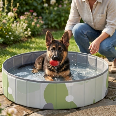 Chiot Berger Allemand avec une balle rouge dans une piscine pour chiens verte et blanche.