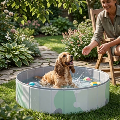 Un Cocker Spaniel s'éclabousse dans une piscine pour chiens motif camouflage près d'une femme.