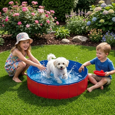 Deux enfants jouent avec un petit chien blanc dans une piscine pour chiens devant des fleurs.