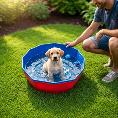 Chiot Labrador jaune dans une piscine pour chiens bleue et rouge avec un homme souriant.
