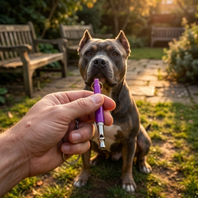 Un Pit Bull gris assis devant une main tenant des sifflets ultrasons pour chiens violets.