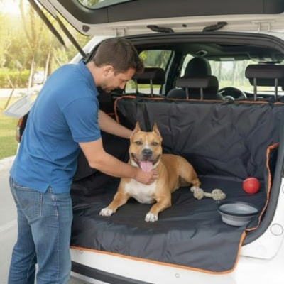 Homme caressant un Pitbull sur une housse de chien voiture protection noire.