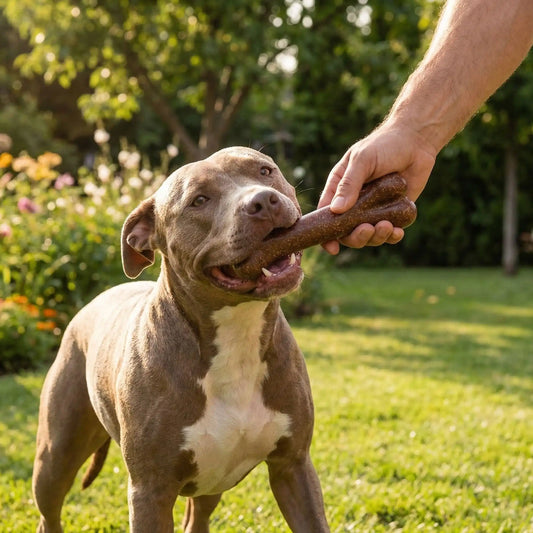 Pitbull tenant un jouet indestructible chien donné par une main dans un jardin.