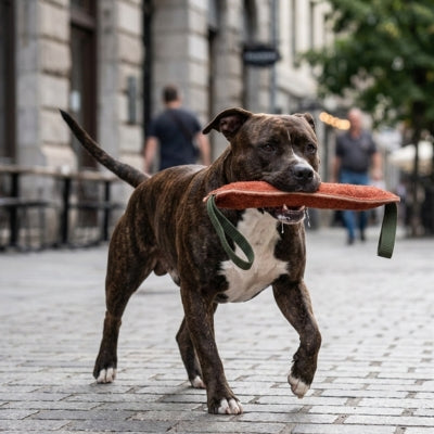 Pitbull bringé marchant sur des pavés en ville avec son jouet pour chien indestructible.