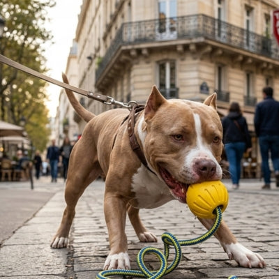 Un Pitbull en laisse dans une rue pavée tient son jouet chien indestructible jaune et bleu.