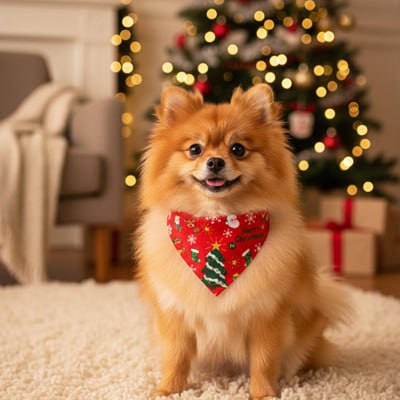 Petit Pomeranien portant un bandana pour chien rouge marqué "Merry Christmas" devant un sapin.
