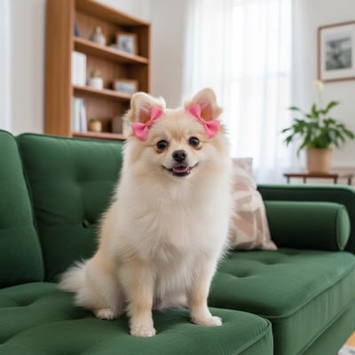 Loulou de Poméranie assis sur un canapé vert avec deux noeuds papillon chien roses unis.