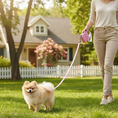 Loulou de Poméranie devant une maison avec une longe pour petit chien rose