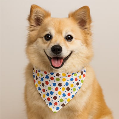 Portrait d'un Poméranien souriant avec un bandana chien blanc à petits motifs ronds colorés.